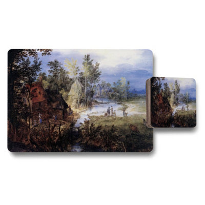 B&Q -  Vintage Landscape Placemat And Coaster Set With Rustic Village Scene
