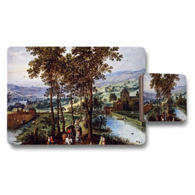 B&Q -  Landscape Artwork Placemat And Coaster Set With Scenic River View