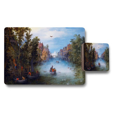 Benjamin Tate Design Canal Town Landscape Placemat And Coaster Set With Boats from B&Q