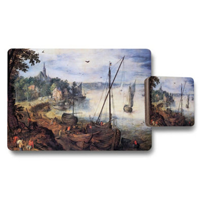 Benjamin Tate Design Harbor Scene Placemats And Coasters Set With Vintage Sailboats from B&Q