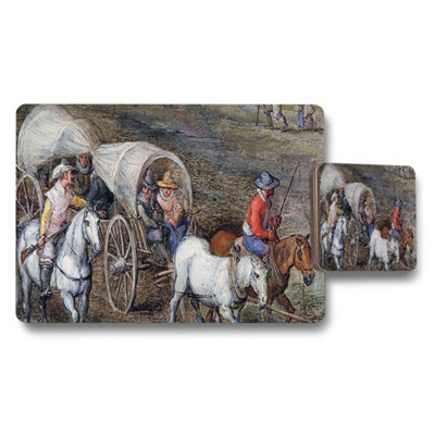 B&Q -  Historic Wagon Train Placemat And Coaster Set With Horsemen Artwork