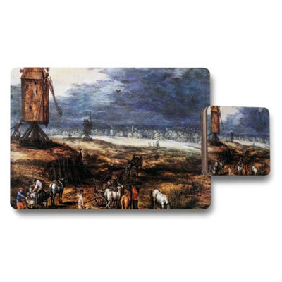 B&Q -  Windmill Landscape Placemat And Coaster Set For Rustic Table Decor