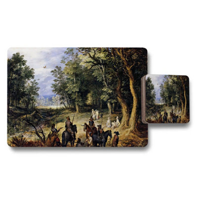 B&Q -  Vintage Forest Landscape Placemats And Coaster Set With Artwork