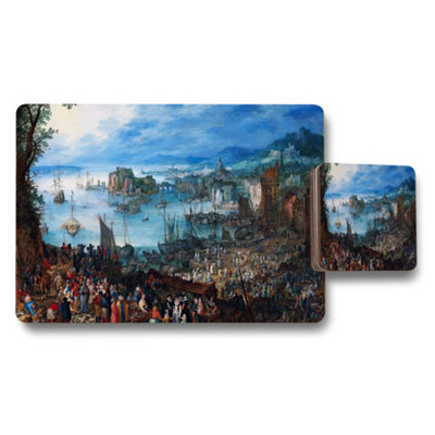 B&Q -  Harbor Scene Placemats And Coasters Set With Historic Seascape Artwork