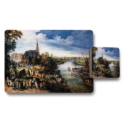 B&Q -  Vintage River Village Scene Placemat And Coaster Set