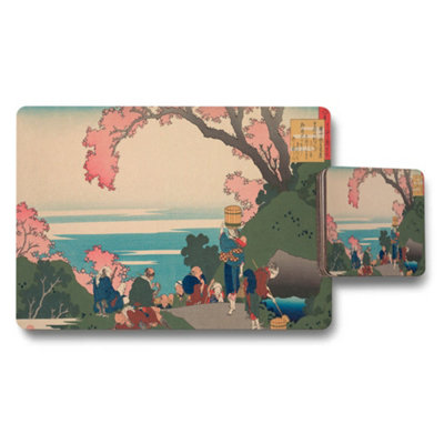 B&Q -  Japanese Cherry Blossom Scene Placemats And Coaster Set Ukiyoe Style