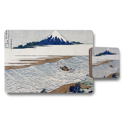 B&Q -  Mt Fuji Landscape Placemat And Coaster Set Featuring Traditional Japanese Art