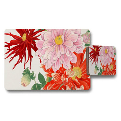 B&Q -  Floral Placemat And Coaster Set With Vibrant Red Pink Flowers
