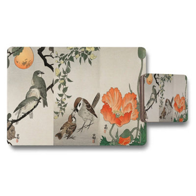 B&Q -  Birds And Flowers Placemats And Coasters Set With Elegant Botanical Design