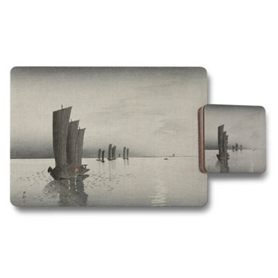 B&Q -  Placemat And Coaster Set With Vintage Sailboat Landscape Artwork