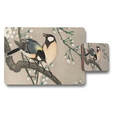 B&Q -  Birds On Branches Placemat And Coaster Set With Blossoms Artwork