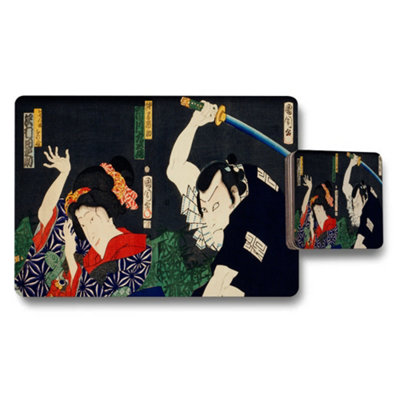 Benjamin Tate Design Japanese Ukiyoe Placemats And Coasters Set With Samurai Artwork from B&Q