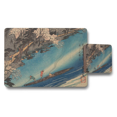 B&Q -  Ukiyoe Inspired Japanese River Boat Scene Placemat And Coaster Set