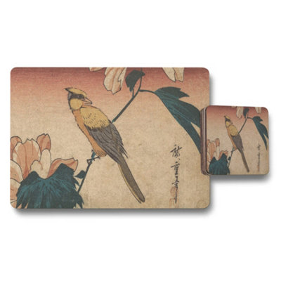 B&Q -  Bird And Flower Placemat And Coaster Set In Ukiyoe Style