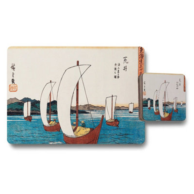 B&Q -  Vintage Japanese Woodblock Sailboat Placemats And Coasters Set