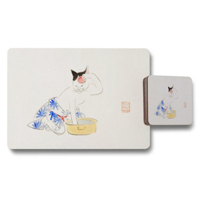 B&Q -  Cat Themed Placemat And Coaster Set With Blue Floral Pattern