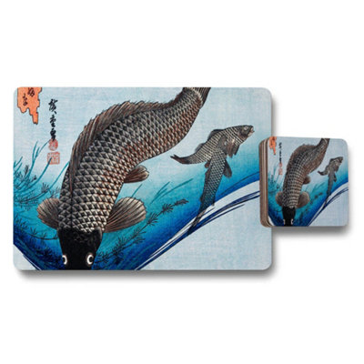 Benjamin Tate Design Koi Fish Placemats And Coaster Set With Ocean Blue Artwork