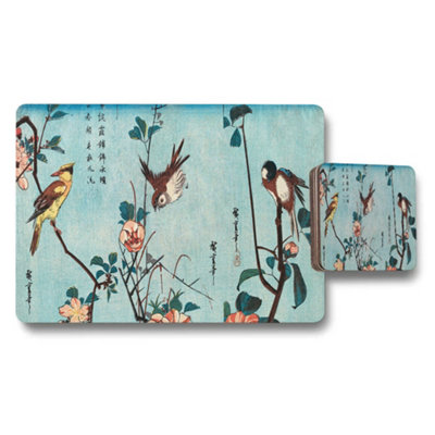 B&Q -  Blue Birds And Blossoms Placemat And Coaster Set Asian Art