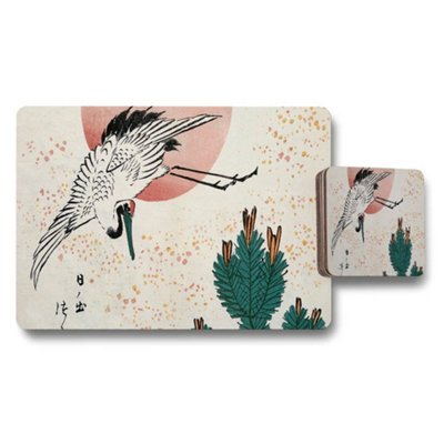 Benjamin Tate Design Crane Design Placemat And Coaster Set With Sunset Artwork