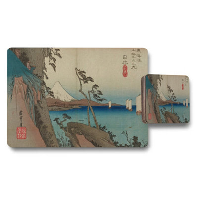 B&Q -  Ukiyoe Style Scenic Placemat And Coaster Set With Mount Fuji Image