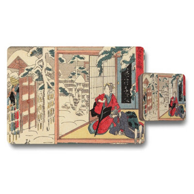 B&Q -  Ukiyo Inspired Placemat And Coaster Set Snow Scene Japanese Art