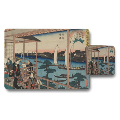 Benjamin Tate Design Ukiyoe Placemats And Coaster Set River Scene Japanese Art from B&Q