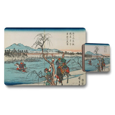 B&Q -  Japanese Ukiyoe Style Placemats And Coasters Set With Warrior River Scene