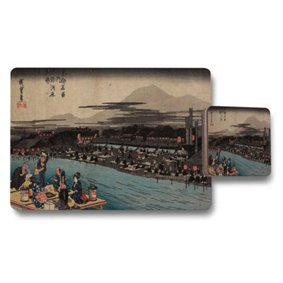 B&Q -  Japanese Ukiyoe Style Placemats And Coasters Set Harbor Scene