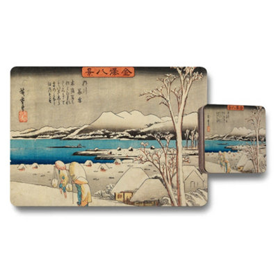 B&Q -  Japanese Ukiyoe Landscape Placemat And Coaster Set With Mount Fuji