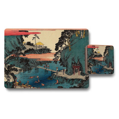 Benjamin Tate Design Japanese Ukiyoe Style Placemats And Coasters Set Scenic River View from B&Q