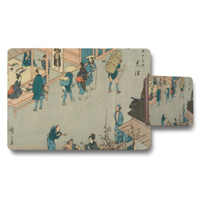 B&Q -  Japanese Ukiyoe Placemats And Coasters Set With Traditional Street Scene