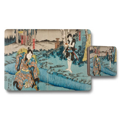 Benjamin Tate Design Japanese Ukiyoe Placemats And Coaster Set Samurai Scene