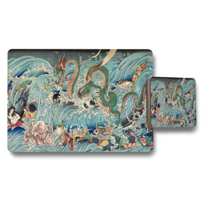 Benjamin Tate Design Japanese Dragon Wave Placemat And Coaster Set Ukiyoe Art from B&Q