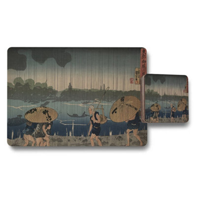 B&Q -  Japanese Ukiyoe Style Placemat And Coaster Set With Riverside Scene