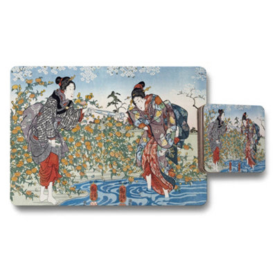 Benjamin Tate Design Japanese Ukiyoe Placemat Coaster Set With Floral Scene from B&Q