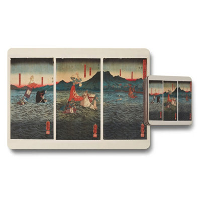 Benjamin Tate Design Japanese Ukiyoe Placemats And Coasters Set Triptych Wave Art from B&Q