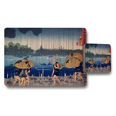 B&Q -  Ukioe Style Placemats And Coaster Set With River Scene
