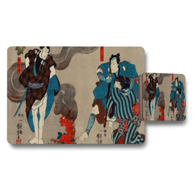 Benjamin Tate Design Ukiyo E Style Japanese Placemat Coaster Set Samurai Scene