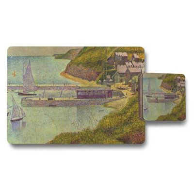 B&Q -  Vintage Coastal Harbor Placemats And Coaster Set With Seaside Scene