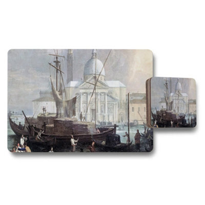 B&Q -  Vintage Harbor Scene Placemat And Coaster Set Seaport Artwork