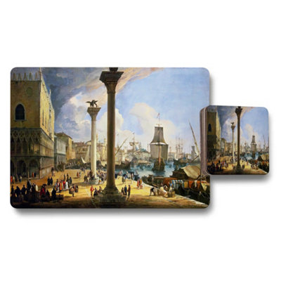 B&Q -  Placemat And Coaster Set With Vintage Venice Harbor Scene