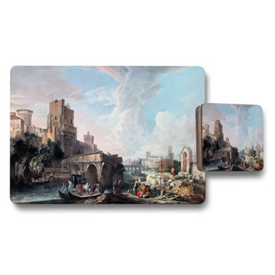 B&Q -  Vintage Romantic Cityscape Placemat And Coaster Set With River Scene
