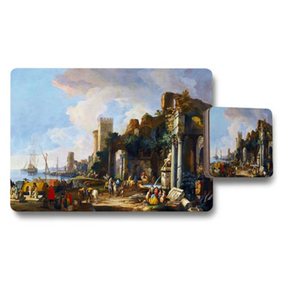 B&Q -  Seaside Ruins Harbor Artwork Placemat And Coaster Set