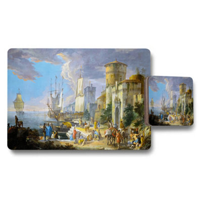 Benjamin Tate Design Harbor Scene Placemats And Coaster Set Featuring Vintage Ship Painting from B&Q