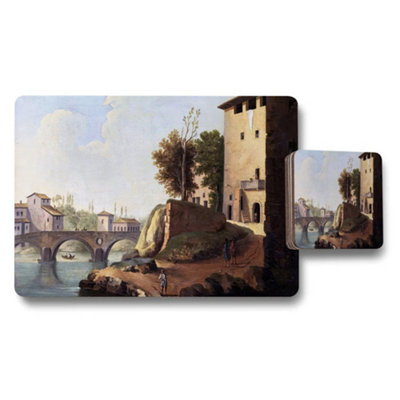 B&Q -  Placemat And Coaster Set Featuring Classic River Bridge Landscape Art