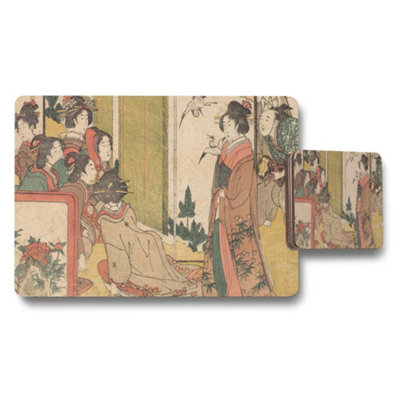 Benjamin Tate Design Japanese Ukiyoe Style Geisha Scene Placemat Coaster Set
