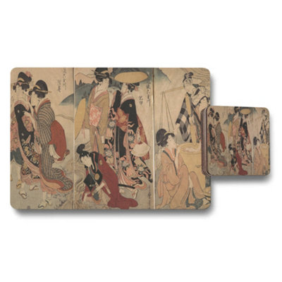 B&Q -  Japanese Ukiyoe Placemats And Coasters Set With Vintage Artwork