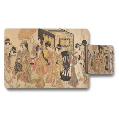 Benjamin Tate Design Japanese Ukiyoe Geisha Scene Placemats And Coaster Set