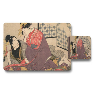 Benjamin Tate Design Ukiyoe Japanese Art Placemat And Coaster Set With Geisha Scene