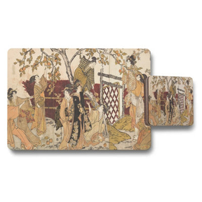 B&Q -  Ukiyoe Style Placemat And Coaster Set With Traditional Japanese Scene